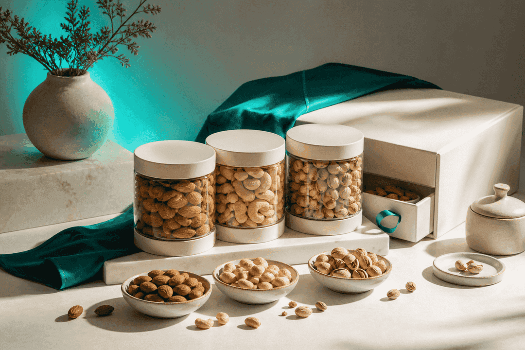 Premium dry fruits arrangement representing GLYC, INSOID's AI-native consumer brand